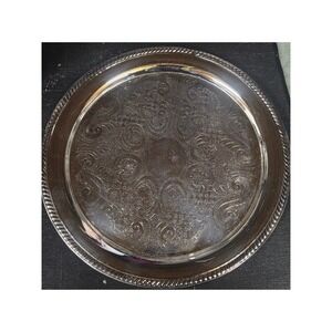 F.B. Rogers Silverplate Round Serving Tray Etched Floral Scroll Rope Edge 12in